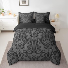 Feelyou Adults Dark Olive Green Vintage Damask Floral Bedding Set Oriental Antique Comforter Set 7 Pieces Comforters King Size Gothic Bohemia Boho FlowerGothic Skull Bed in a Bag
