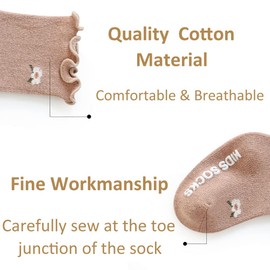 WATOCHE Baby Girls Socks Toddlers Ruffle Frilly Socks for Toddler Girls Baby Nonslip Cotton with Grips(Anti-slip Flower,0-6M)