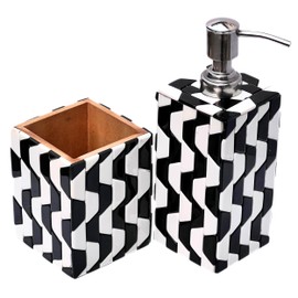 Handcrafted Black White Bone Inlay Bathroom Set with Soap Dispenser Toothbrush Holder Elegant Vanity Organizer Modern Home Decor
