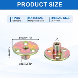 MECCANIXITY 5Pcs M6x36x17mm Brad Hole Tee Nuts Manganese Steel 3-Hole Round Base Plate Nut Color Zinc Plated Female Thread Insert Nuts for Wood Furniture