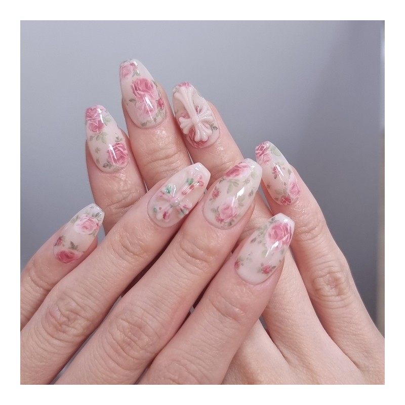 Rose Garden Chrome Handmade Nail Tips - Short Ballerina /