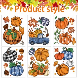 DIYDEC 6 Sheets Fall Window Clings Double-Sided Window Stickers with Orange Maple Leaves Pumpkins Blue Truck Thanksgiving Window Decals for Autumn Home Holiday Party Store Glass Decoration
