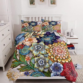 Nttopship 3 Piece Boho Floral Bedding Set,Colorful Flowers Comforter Set,Bohemian Reversible Down Alternative Bed Sets,Full Size Soft Microfiber Flower Duvet Vintage Bedding in a Bag for Women Men