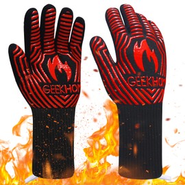 GEEKHOM Heat Resistant Fireproof Oven Mitts: EN407 Certified for 1472°F, 13-Inch Flexible Silicone Gloves for Baking (Red)