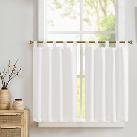 TOPICK Net Curtains Kitchen White Bistro Curtain with Loops Modern Curtains Short Semi-Transparent Linen Look Kitchen Curtains for Small Windows Motorhome Kitchen Windows Set of 2 70 W x 60 H cm