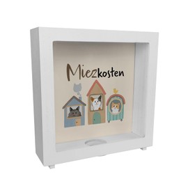 Wooden Cat Frame Money Box with Saying Miezkosten Für Katzenmensch Sparen leicht im Miezhaus Glückskatze Design Ideal for Pet Fans Rent Rent