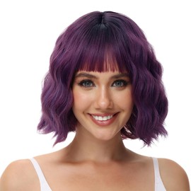 Luxiremi Wigs Purple Short Curly Wavy Wig Bob with Fringe Synthetic Hair Cosplay Wig for Women
