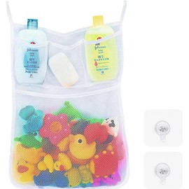 KIPTVO Baby Bath Toy Storage Net Bags, Large Bathroom Quick Dry Storage Net with Multiple Pockets and Suction Cups, for Mesh Bath, Keep Bathtub Water Mold Free, Removable and durable (White)