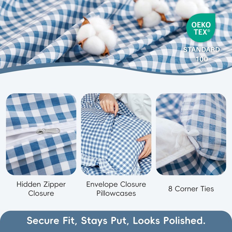 100% Cotton Ruffle Gingham Duvet Cover Sets Classic Checkered Queen