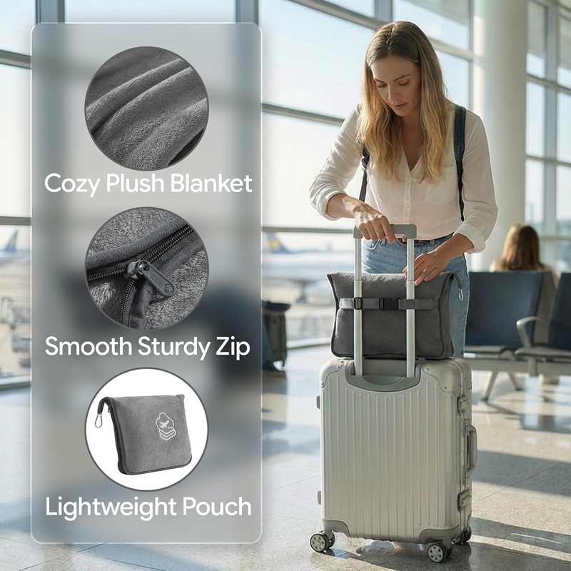 PEUJEW Travel Blanket, Soft 2-in-1 Airplane Blanket, 65x40 Inches, Travel