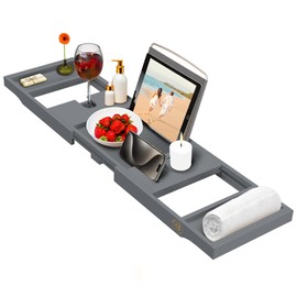 Bambüsi Bathtub Tray Table - Adjustable Bamboo Bathtub Caddy - Space-Saving Folding Bath Tub Tray - Wood Bathtub Accessories - Unique Gifts for Women or Men (Gray)