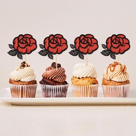 Keaziu 24 Pcs Rose Flower Cupcake Topper Picks Red Roses Flower Double Layered Design for Wedding Anniversary Mother's Day Valentine's Day Cupcake Decoration Red