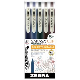 Zebra Pen Sarasa Clip Vintage Colors Retractable Gel Pen, Fine Point, 0.5mm, Dark Assorted Colors (Pack fo 1, 5 Count Total)