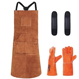 Welding Apron for Men with Gloves - Heat & Flame-Resistant Leather Work Shop Blacksmith Aprons, 24" X 42", Adjustable M to XXXL