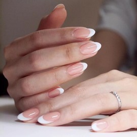 Press On Nails - Short Oval French White Tip False Nails Kit - Medium Almond Nude Pink Fake Nails With Glue - Glossy Removable Acrylic Full Cover Stick On nails For Women Girls Nail Art Accessories