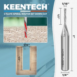 KEENTECH 1/4" Shank Downcut 2 Flute Flat Tip Sprial Router Bit for CNC Router Machine, 1/16" Cutting Diameter, 1/2" Cutting Depth, for Wood Cutting, Custom Furniture, Slot Mortise, Engraving, Carving