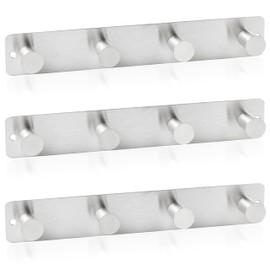 RICOO Heavy Duty Stainless Steel Wall Mounted Coat Hooks, MH025S-4x3, Elegant Hook Rack for Entryway, Kitchen, Bathroom, with 4 Durable Hooks, Silver