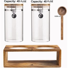 Yangbaga Glass Coffee Container with Wooden Shelf,2×45OZ Coffee and Sugar Container Set,Coffee Canisters with Airtight Lids and Scoop,Large Capacity Food Storage Jars for Coffee Beans,Nuts,Tea,Sugar