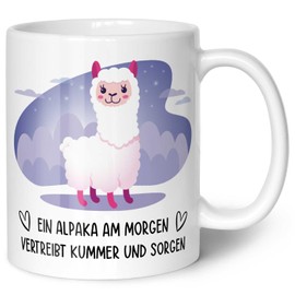 Bedruckte Tasse mit Spruch - Alpaka am Morgen - Lustige Geschenke - Geschenk für Mama Papa Freunde Geburtstag Valentinstag Weihnachten - für Männer & Frauen - für Sie & Ihn - Farbe: Weiß