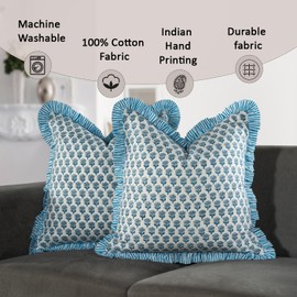 CPC Apatite Blue Ruffle Throw Pillow Covers for Couch, 18x18 Inch Cotton Stripe Ruffle Couch Pillows for Living Room, Hidden 14 Inch Zipper Boho Pillow Case or Cute Outdoor Pillows