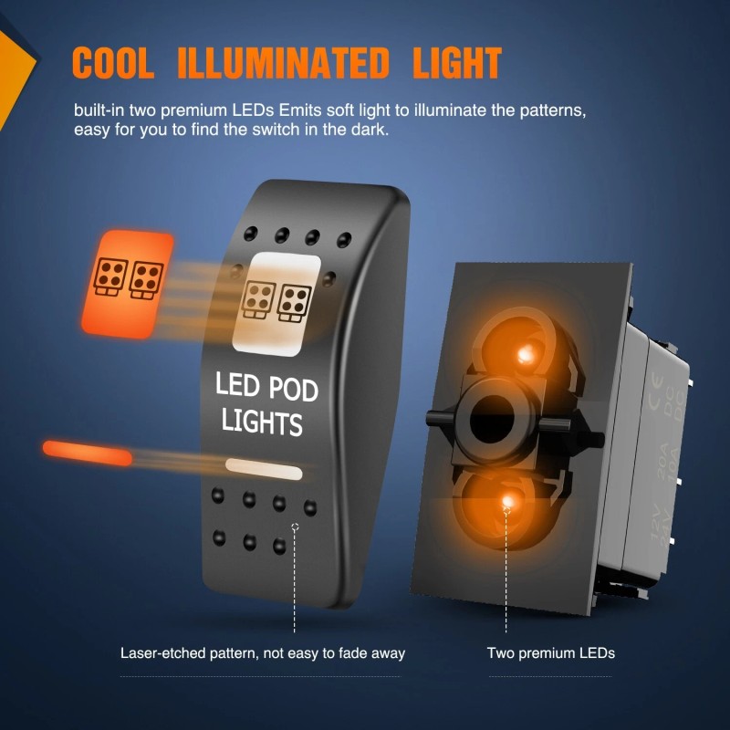 Nilight UTV Led Pod Lights Rocker Switch On Off 5PIN