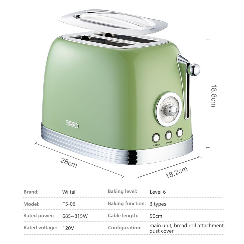 Wiltal Green Cute Retro Toaster 2 Slice with 1.58" Wide