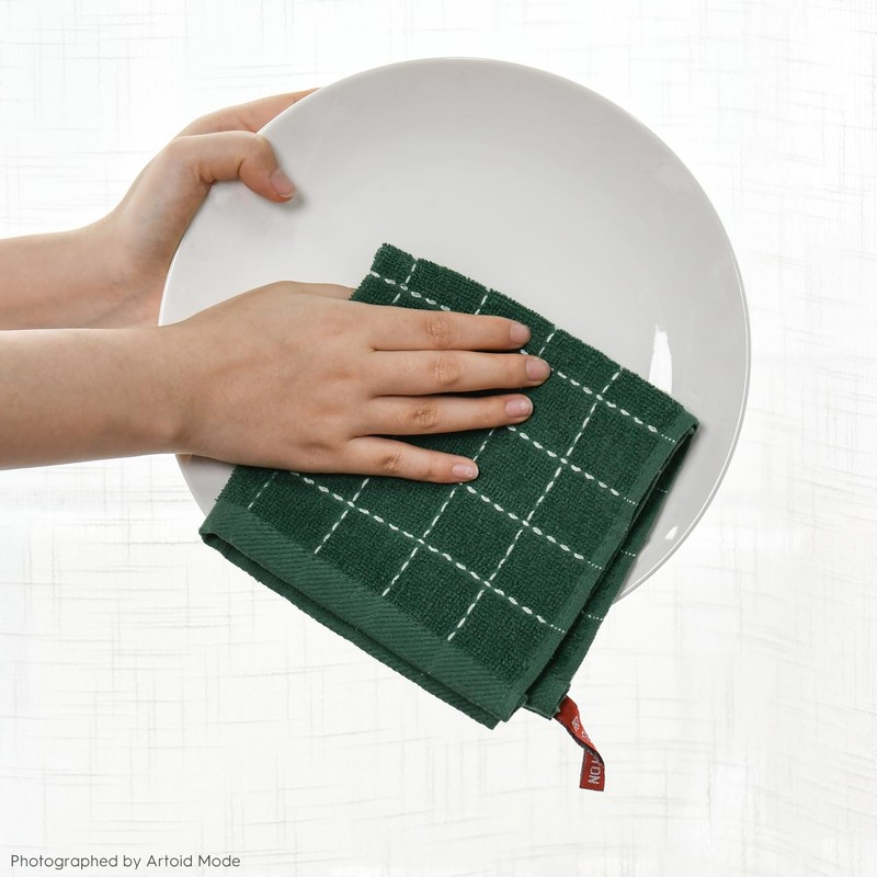 Artoid Mode Checkered Designed Cotton Green Terry Kitchen Dish Cloths,