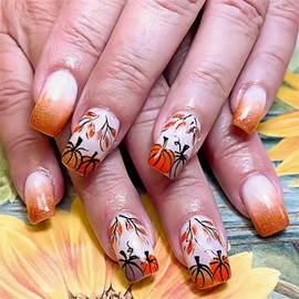 Fall Pumpkin Press on Nails Short Square Fake Nails with Autumn Maple Leaf Pumpkin Designs Thanksgiving False Nails Full Cover Stick on Nails Women Press on Nails with Charms