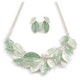 Avalaya Pastel Mint Green Enamel Leafy Necklace and Stud Earrings Set in Silver Tone - 42cm L/6cm Ext