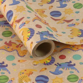 Aimyoo Space Dinosaur Kids Kraft Birthday Wrapping Paper Mini Roll, Baby Shower Wrap Paper 17 in x 10 ft