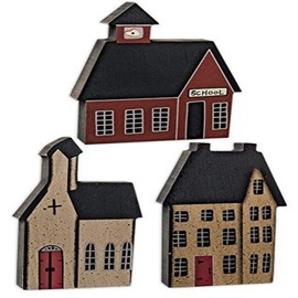 CWI Gifts 5"x4" Set of Three Village House School Church Blocks, 5" x 4", Multi