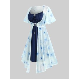 ROSE GAL Rosegal Plus Size Women Two Piece Summer Sundress Flutter Sleeves Casual Floral Dress and Lace-up Cami Sun Dress Set Cottagecore Floral Flowy Midi Dress Set(Blue_2/4X)
