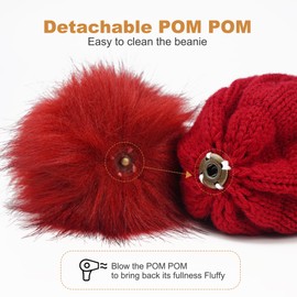 FORVEVO Winter Hats for Women Bobble Hat Red Beanie Hats Double Fleece Layer Line with Pom Pom Wooly Hats Women