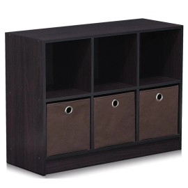 Furinno Basic Engineered Wood 3x2 Bookcase Storage w/Bins in Dark Walnut