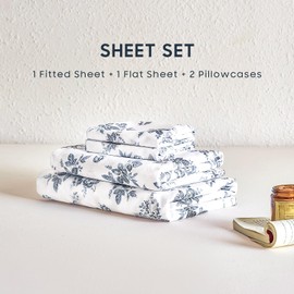 Wake In Cloud - Shabby Chic Bed Sheets, 4-Piece Sheet Set, Floral Botanical Coquette Cottagecore Vintage Flower, Soft Microfiber Deep Pocket Bedding, Dark Blue, Queen Size
