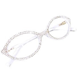 ICARA Fashion Rhinestone bling Reading Glasses for Women Retro Oval Reader Trendy Diamond Party Magnifying Glasses (WHITE, 3, x)
