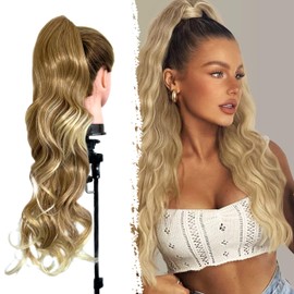 Hair Tail Exstension Wavy Ash Blonde Natural Effect Hairpieces for Hair, Wavy and Wavy Ponytail Easy Application with Curly Tail Claw Fake Hair 70 cm