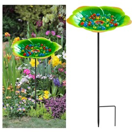 Tandefio Vivid Flower Bee Watering Station Metal Butterfly Water Feeder with 30 Colorful Glass Marbles Bee Feeder Butterfly Bath Bowl for Garden Outdoor Yard Decors(Green,Flower)