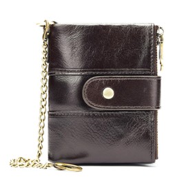 NIUCUNZH Genuine Leather Soft Bifold Rfid Wallets for Men Coin Purse Keychain Snap Zip Wallet with Chain Brown