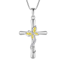 Blaniy Cross Necklace for Women 925 Sterling Silver Butterfly Necklace November Birthstone Necklace Citrine Pendant Jewelry Gifts for Women
