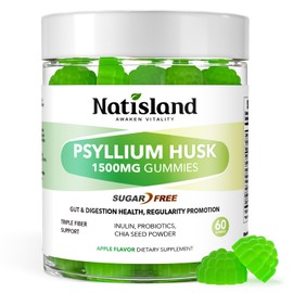 NATISLAND Psyllium Husk Gummies for Adults, 1500mg Psyllium Husk Fiber Supplement with Probiotics, Inulin, Chia Seed Powder for Gut & Digestive Health, Regularity, Vegan, Sugar Free, 60 Chewable