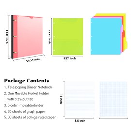 INFUN All-in-one Telescoping Binder Notebook，3 Ring Notebook Binder with 1 Plastic Movable Pocket Folder,5 Plastic Subject dividers and Graph Paper and College Ruled Paper - Red