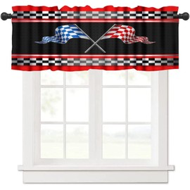 HZOHNAGO Race Car Flag Window Valance Curtains Blue and Red Race Flags Extreme Sports Themed Grid Black White Check Pattern Short Curtain for Kitchen Living Room Bathroom Windows W54xL18in