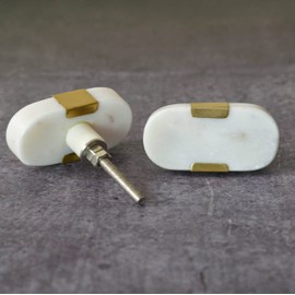 ARTISNO Oval Stone Brass Knob | Pull Handle | Drawer Knob | Furniture Knob | Cabinet Knob | Gold | Natural Stone | Brass Handle(White) Set-6
