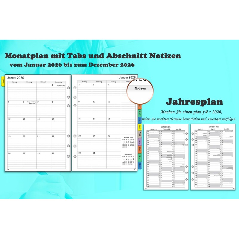 2026 Weekly Planner Insert A5 6 Holes in German, 1