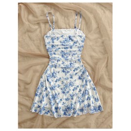 WDIRARA Women's Floral Print Ruched Cami Dress Spaghetti Strap Ruffle Hem Mesh Mini Dress Blue and White Small