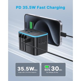 Universal Travel Adapter, VINTAR 35.5W International Power Adapter with 3 USB A QC and 2 USB C PD, All in One Plug Adapter Worldwide Travel Essentials for EU/UK/USA/AUS(Type C/G/A/I), Blue