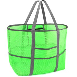 Ayieyill Mesh Beach Bag Tote Bag for Women, Foldable Swim Large Beach Tote Bag with Zipper Pockets Waterproof Sandproof (J/Green)