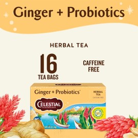Celestial Seasonings Ginger + Probiotics Herbal Tea, Caffeine Free, 16 Tea Bags Box (Pack of 6)