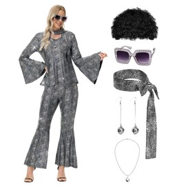 70s Disco Costume for Women - 1970s Disco Outfit with Wig, Earrings, glasses, Necklace, Headband, Sequin Top & Bell Bottoms (Silver, Large)